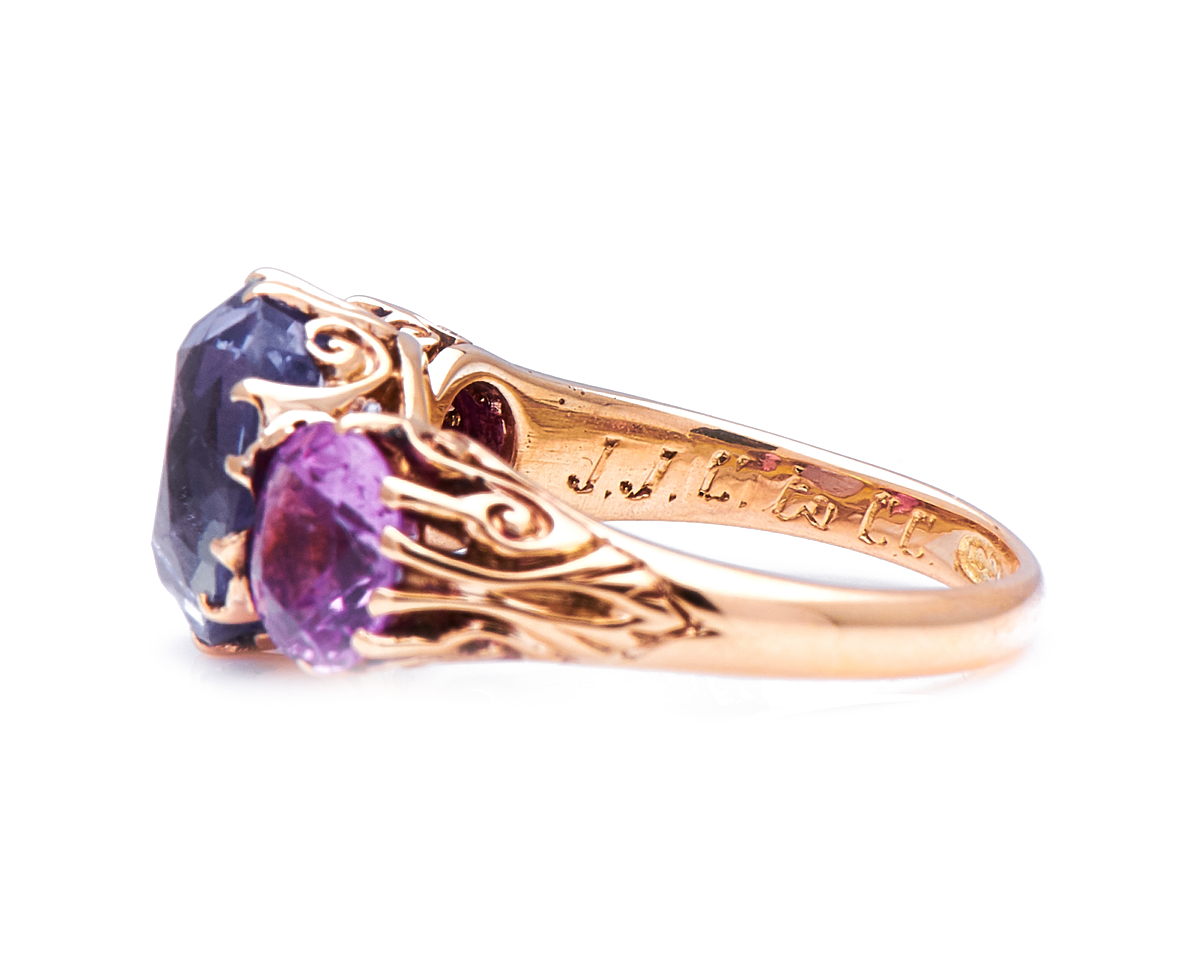 Antique Victorian, 18ct gold, natural colour-change sapphire and pink sapphire ring