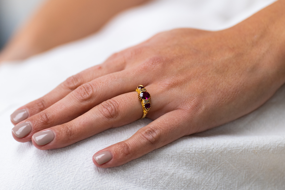 Victorian, 18ct Gold, Natural Ruby and Diamond Half Hoop Engagement Ring | Antique Rings | Antique Ring Boutique | Vintage Engagement Rings | Antique Engagement Rings