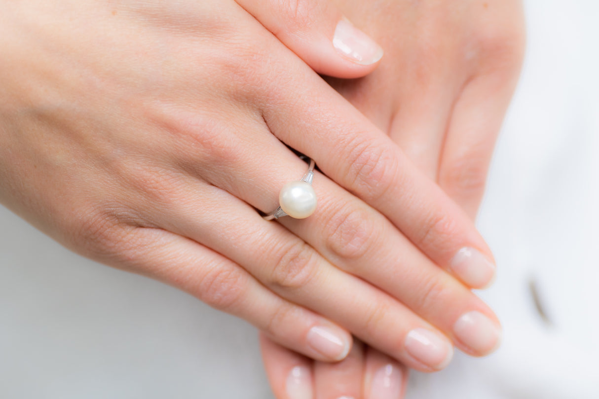 Art Deco, Platinum, Natural Saltwater Pearl and Diamond Ring