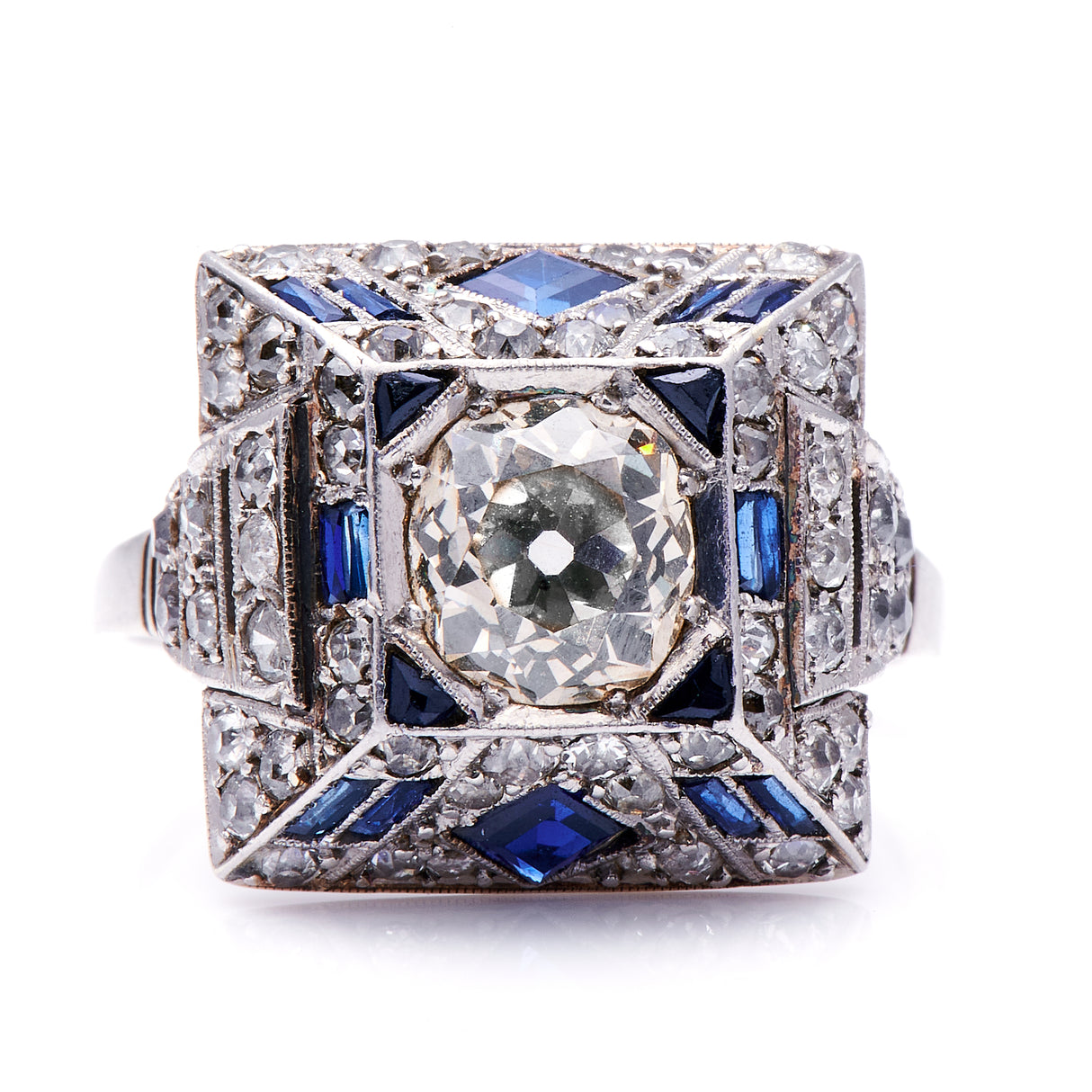 Antique Vintage Art Deco, Platinum, Egyptian Revival Sapphire and Diamond Ring