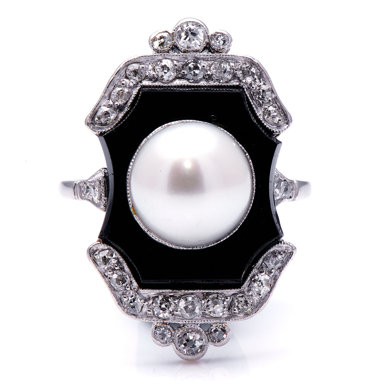 Art Deco, platinum, onyx, pearl and diamond ring