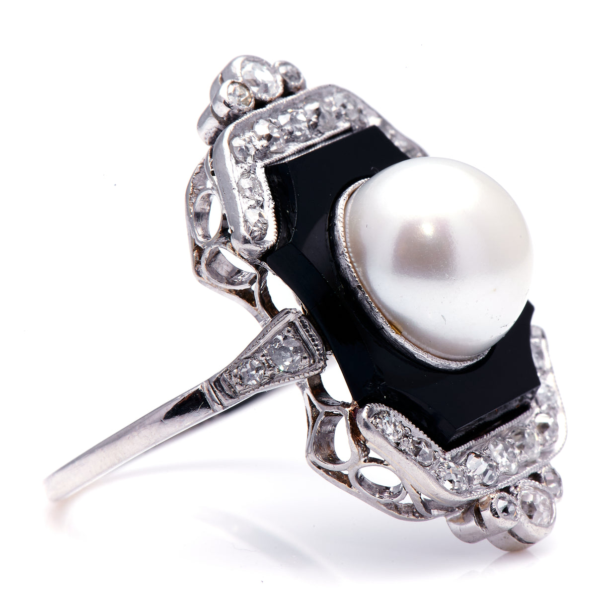 Art Deco, platinum, onyx, pearl and diamond ring