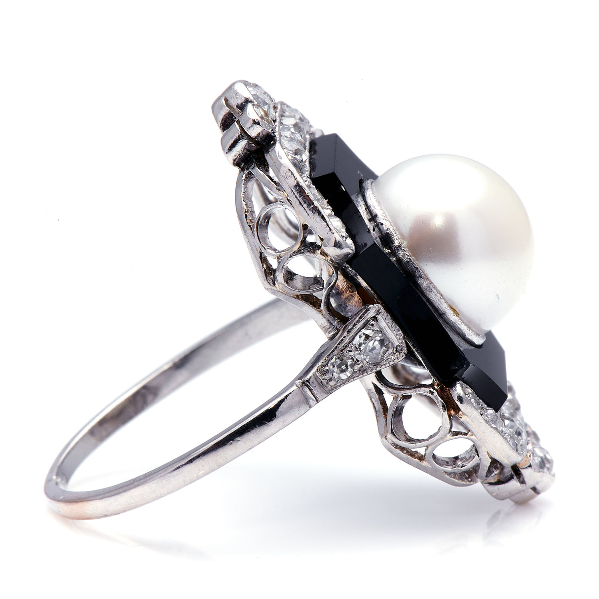 Art Deco, platinum, onyx, pearl and diamond ring