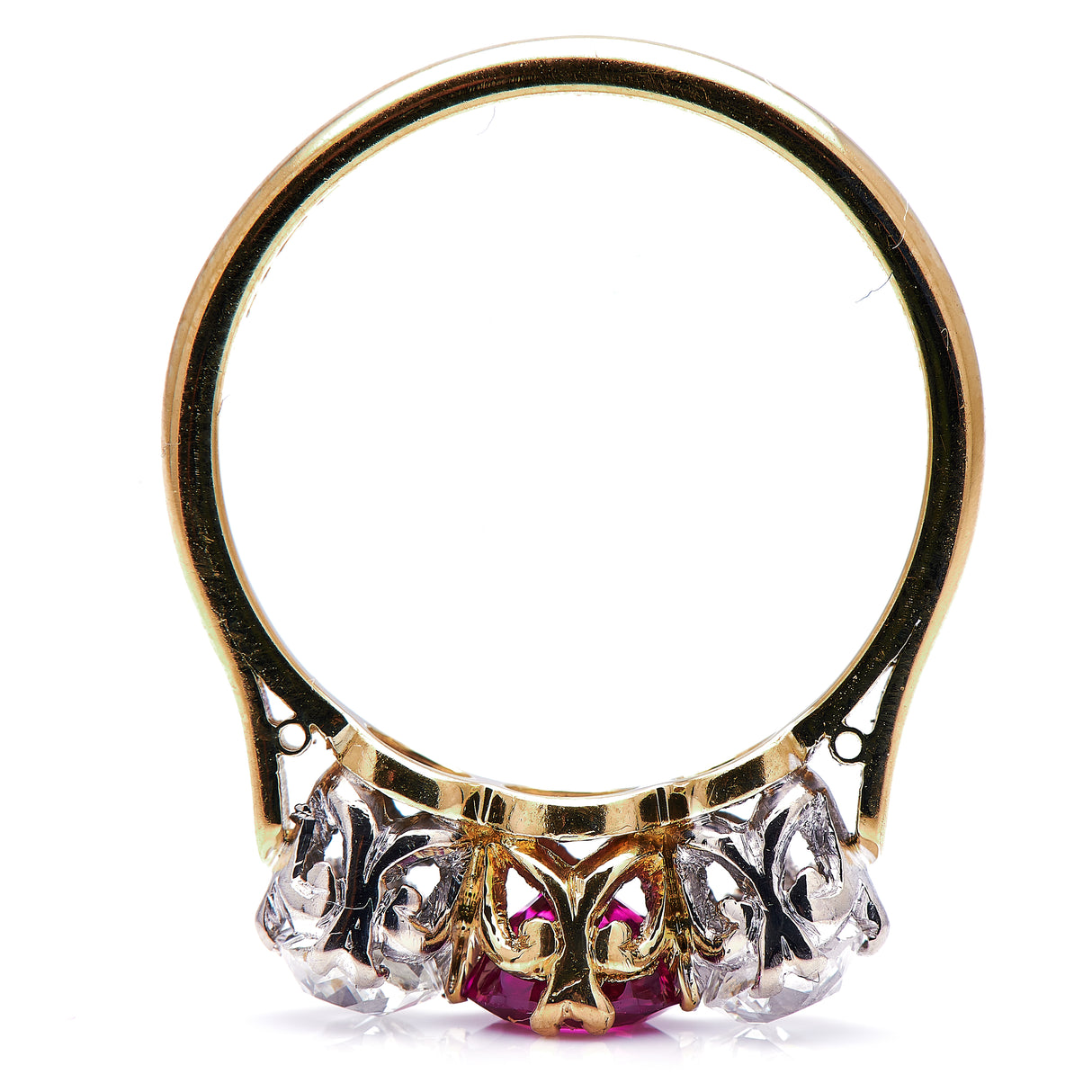 Antique Vintage Ruby and Diamond Three-Stone Engagement Ring