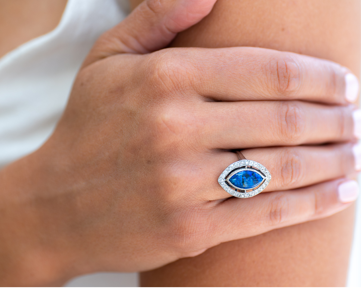 Vintage, 18ct White Gold, Natural Black Opal and Diamond Ring | Antique Rings | Antique Ring Boutique | Vintage Engagement Rings