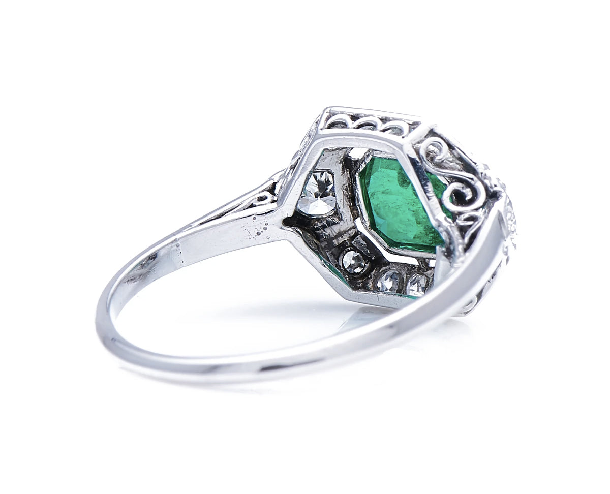 Antique, Art Deco, platinum, 18ct white gold, emerald and diamond cluster ring