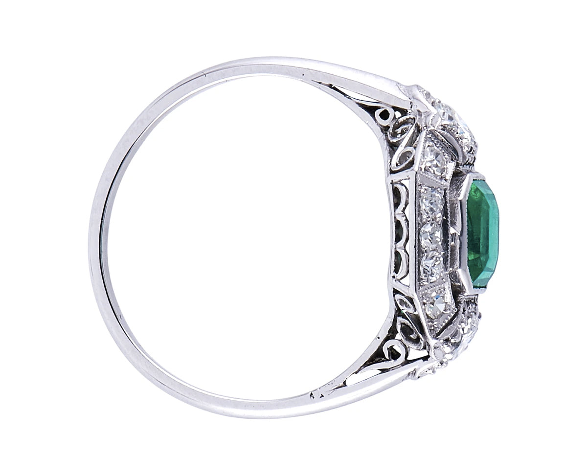 Antique, Art Deco, platinum, 18ct white gold, emerald and diamond cluster ring