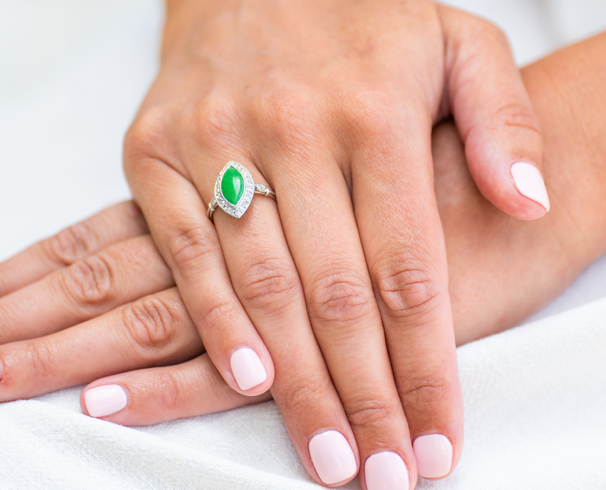 Antique, Art Deco, platinum, natural jade and diamond cluster ring