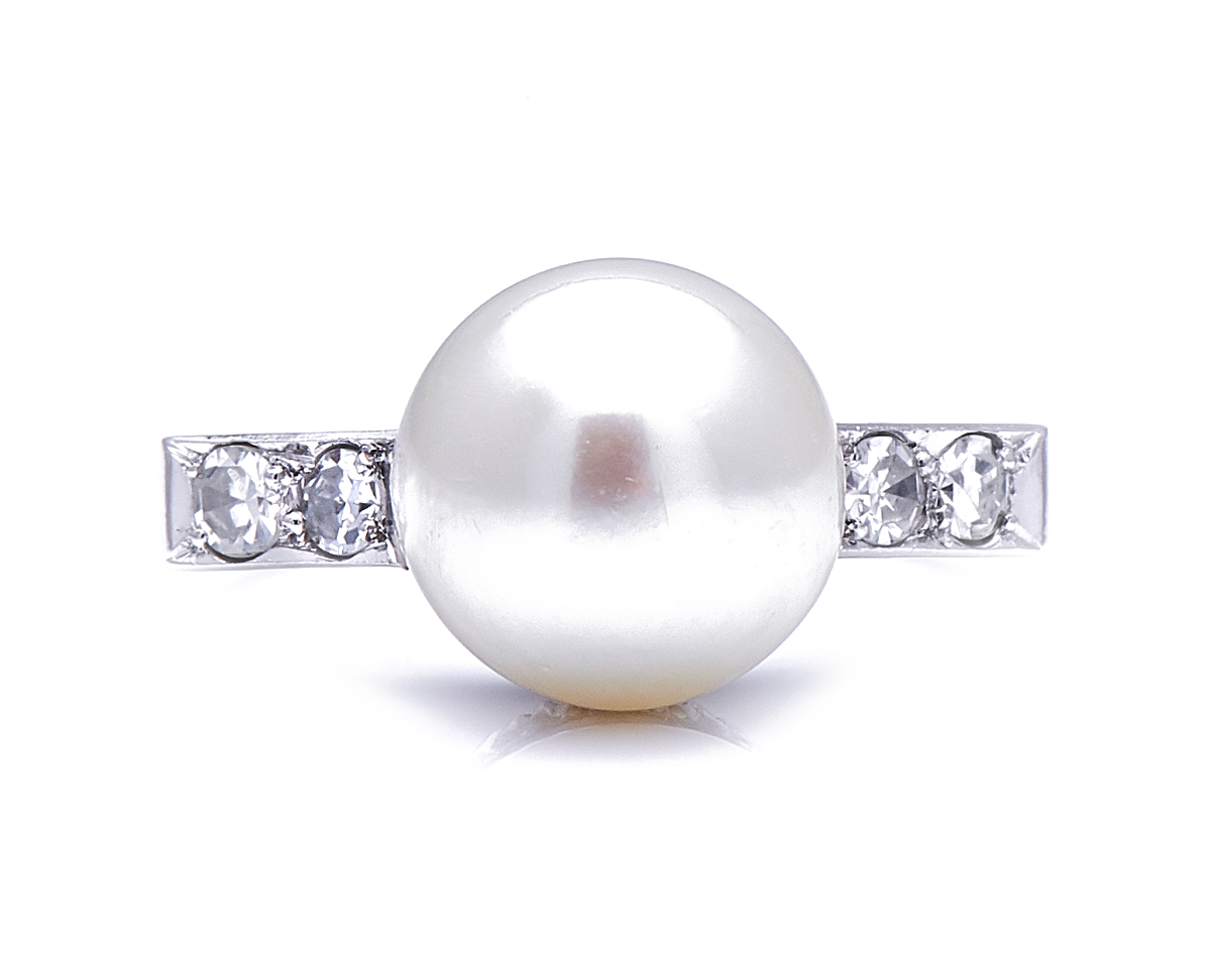 Art-Deco-Platinum-Pearl-Ring-Diamond-Shoulders-Vintage-Antique