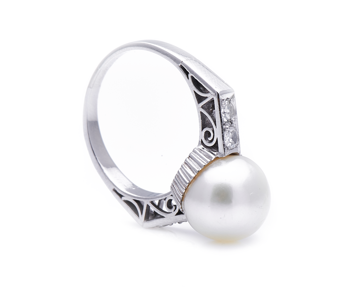 Art Deco, platinum, south sea pearl and diamond cluster ring