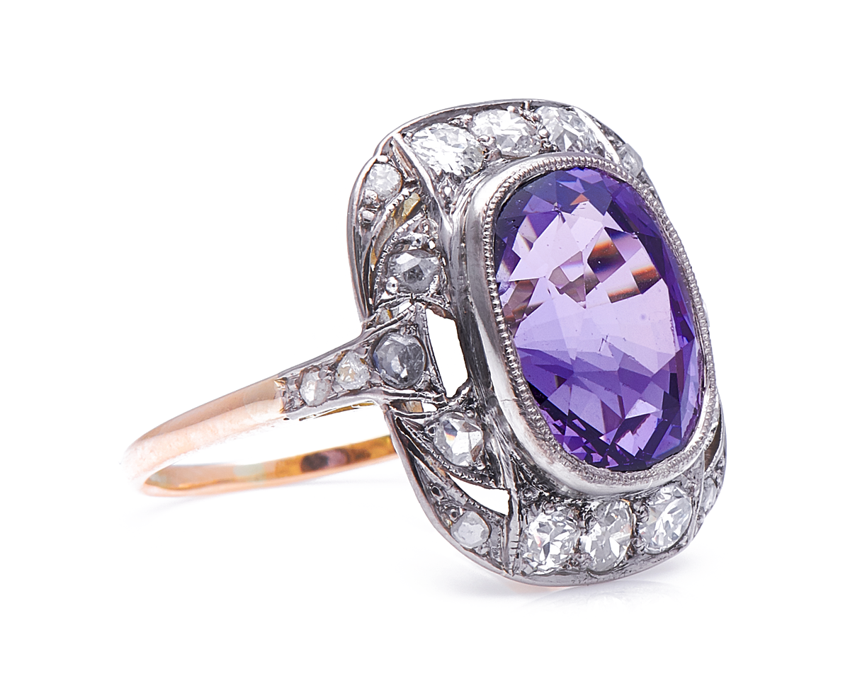 Belle Époque lavender purple spinel and diamond cluster ring, 18ct yellow gold