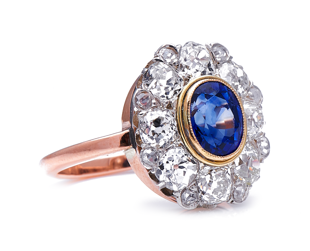 Antique, French, Edwardian, 18ct gold, sapphire and diamond cluster ring