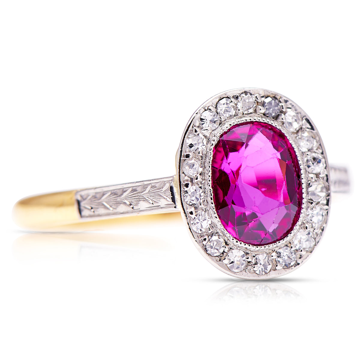 Vintage, Art Deco oval ruby and diamond cluster engagement ring, 18ct yellow gold