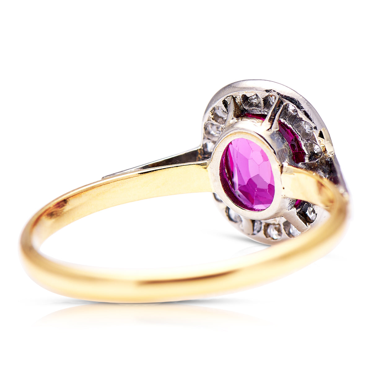 Vintage, Art Deco oval ruby and diamond cluster engagement ring, 18ct yellow gold