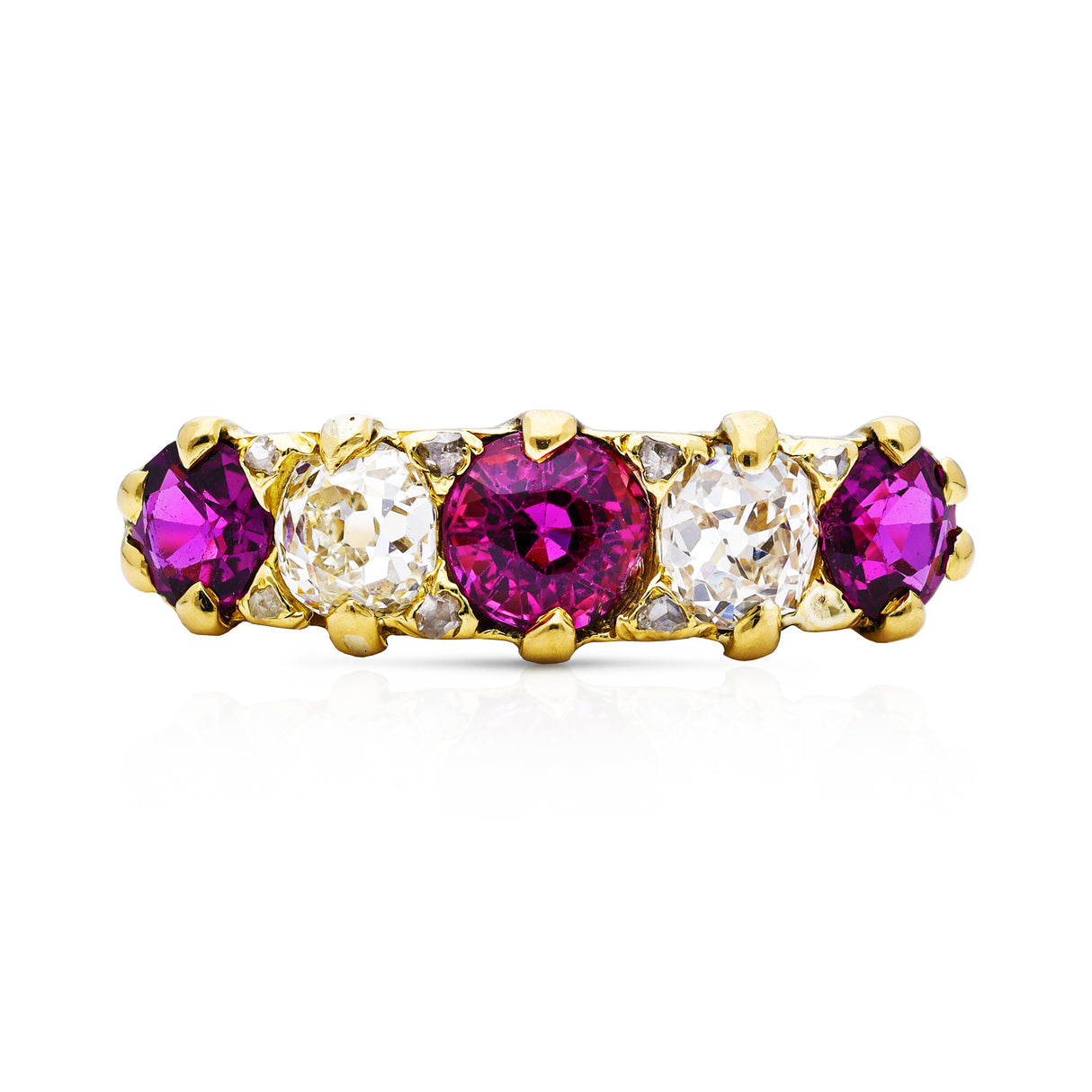 Antique, Edwardian five stone ruby and diamond ring, front view.