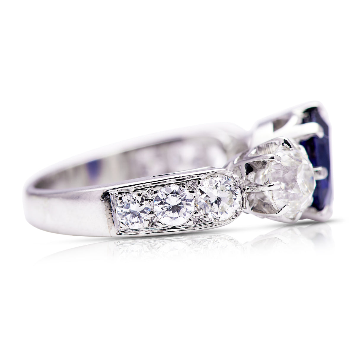 Art Deco, French, royal blue sapphire & diamond three-stone engagement ring