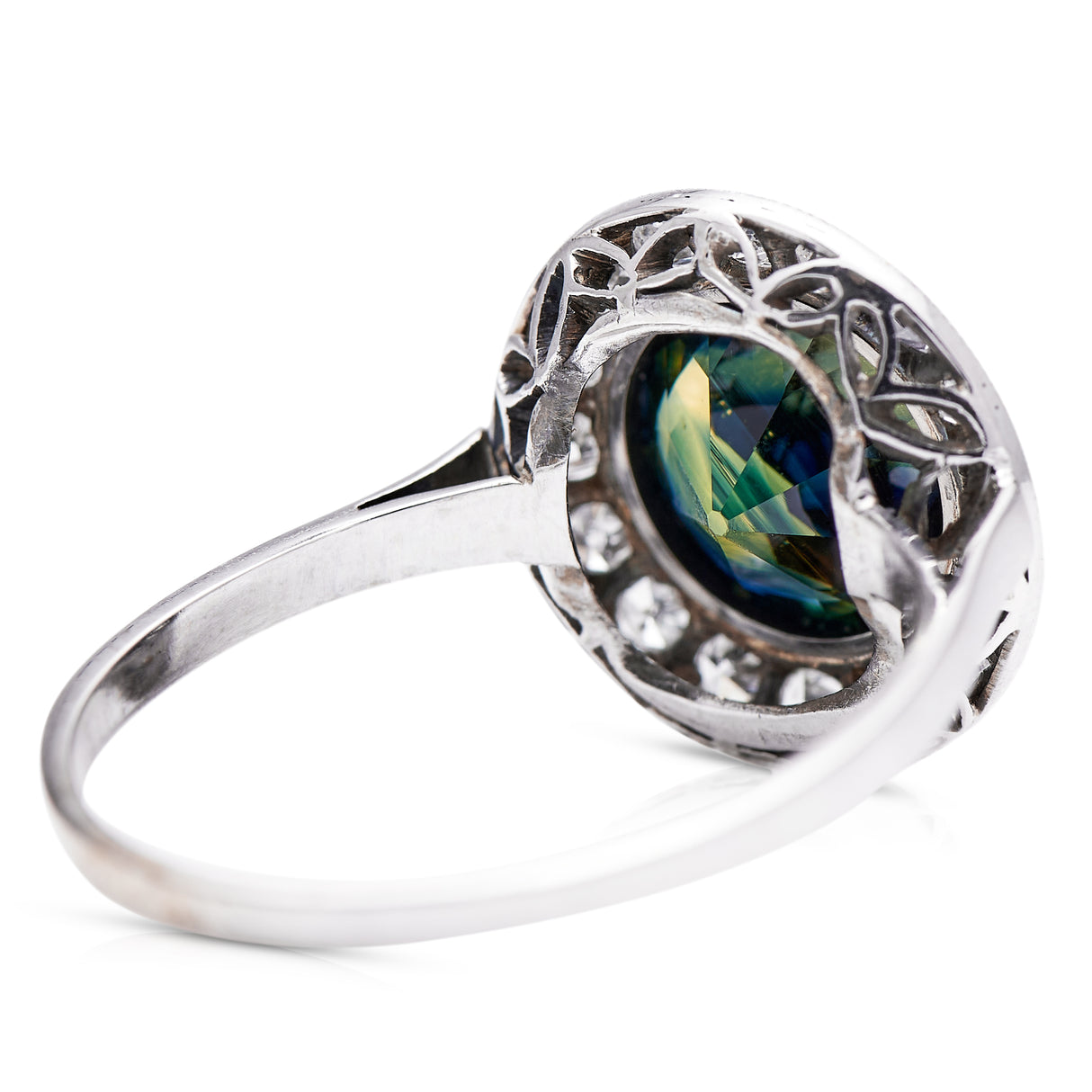 green yellow sapphire and diamond cluster ring, rear view.