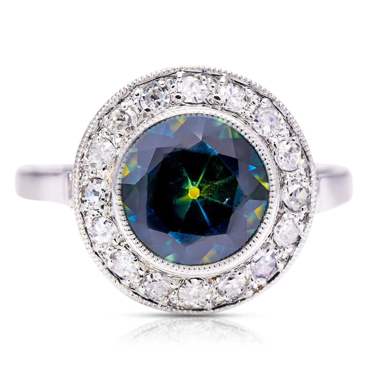green yellow sapphire and diamond cluster ring, front view.