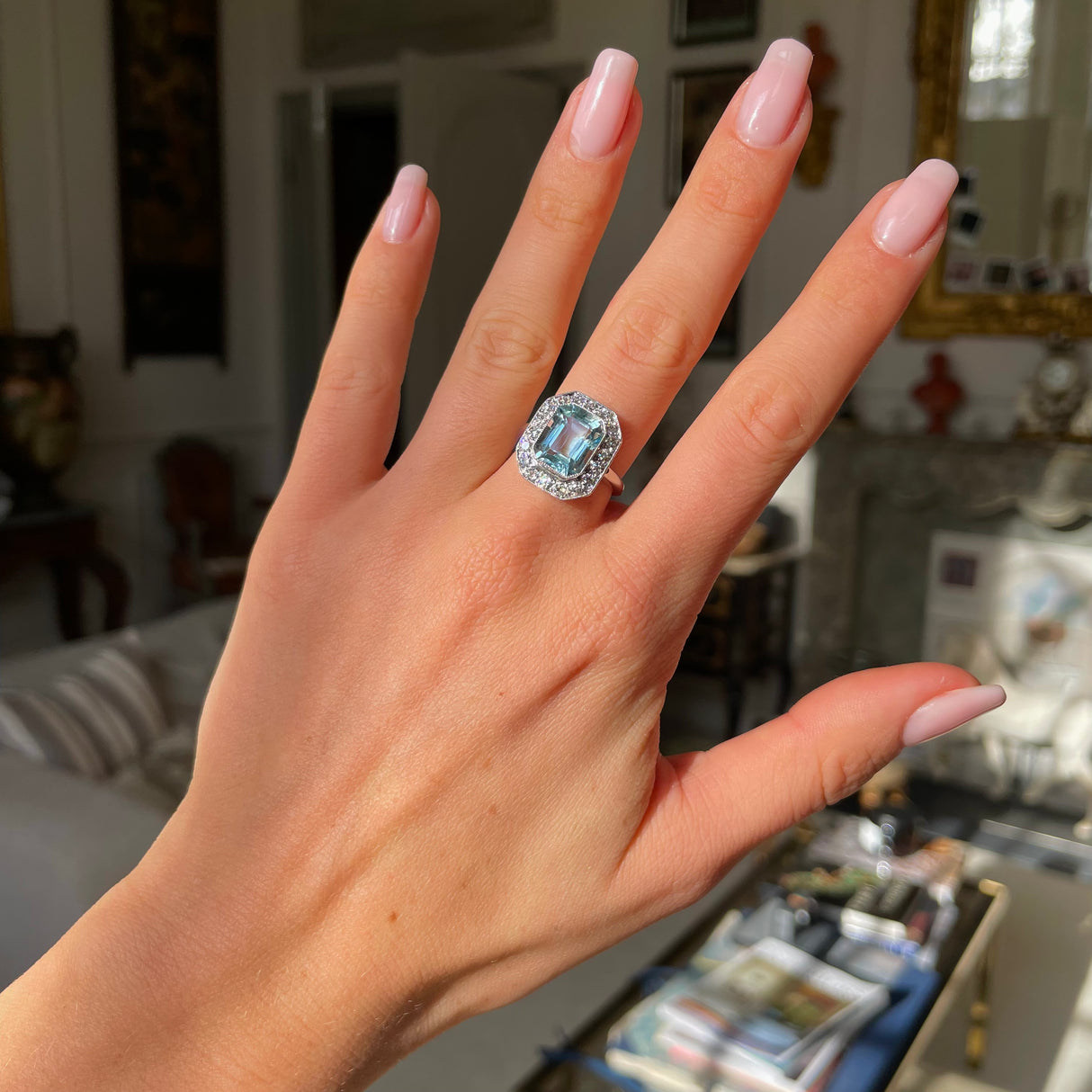 Art Deco aquamarine and diamond cluster ring, platinum