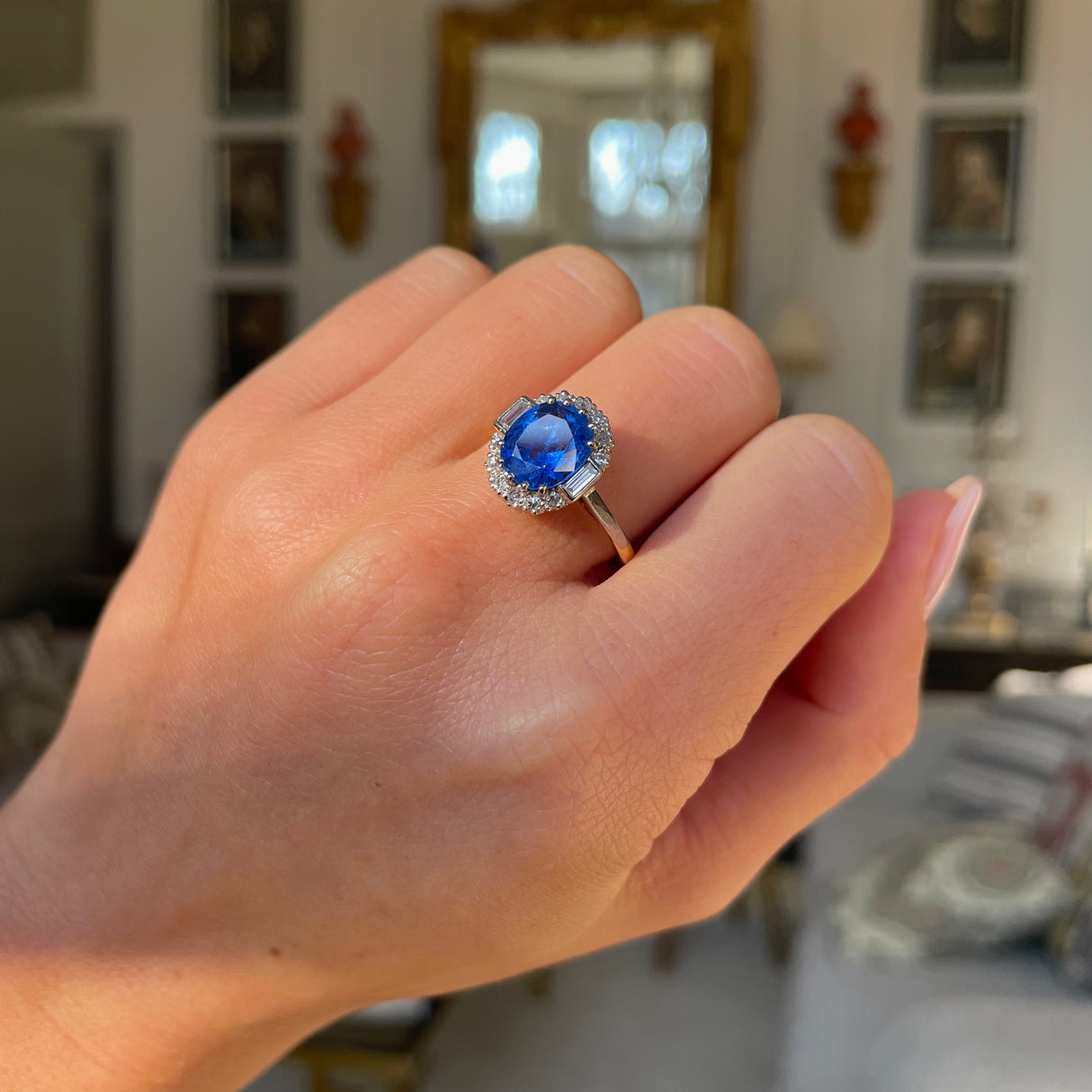 Art Deco Burmese sapphire & diamond cluster engagement ring