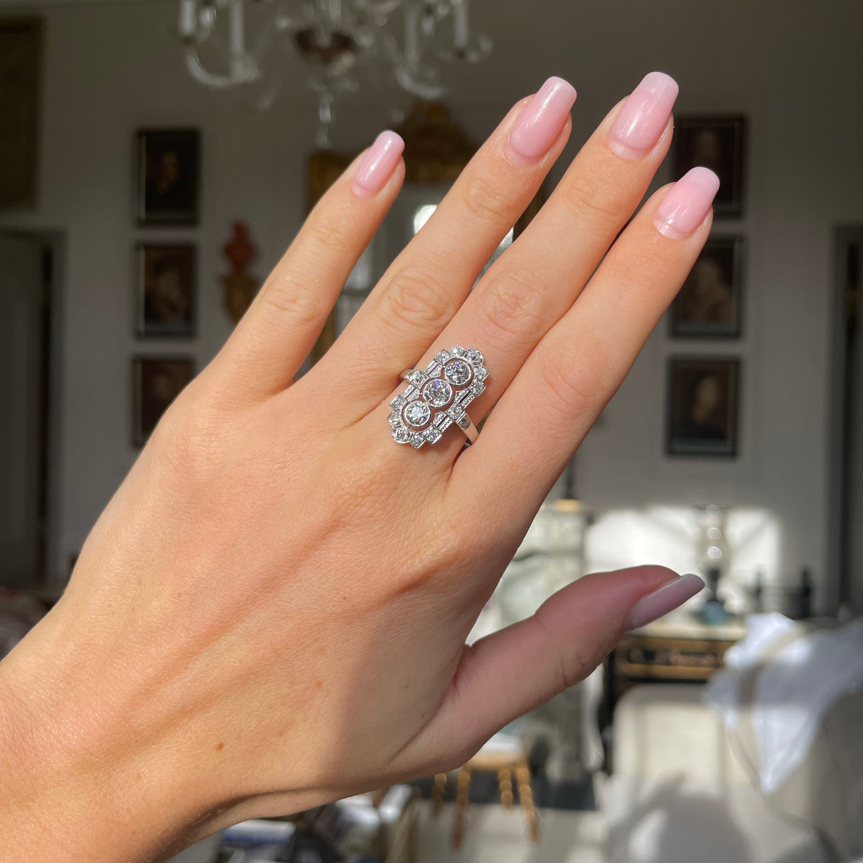 Vintage, 1940s three-stone old-cut diamond plaque ring, 18ct white gold