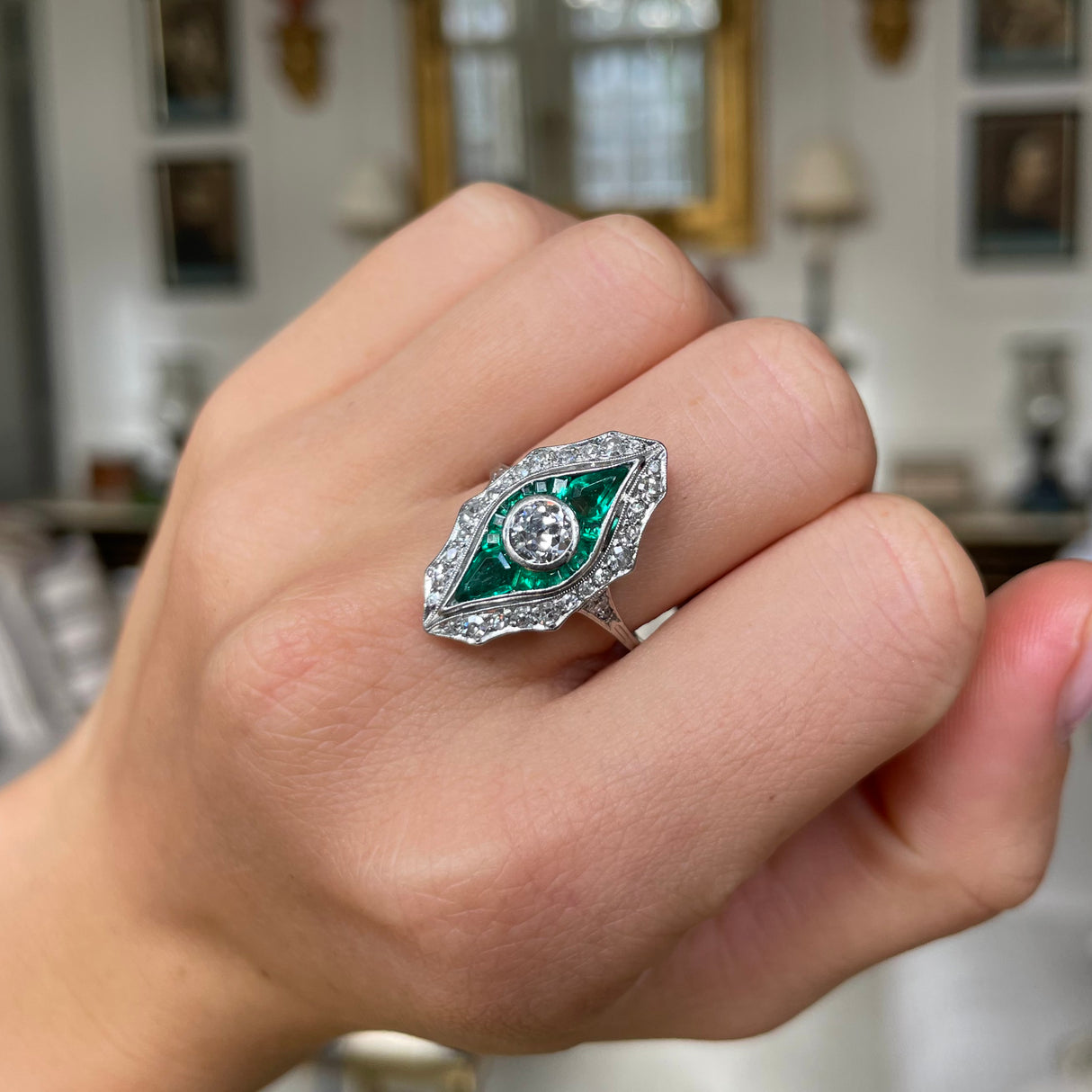 Art Deco emerald & diamond ring, platinum