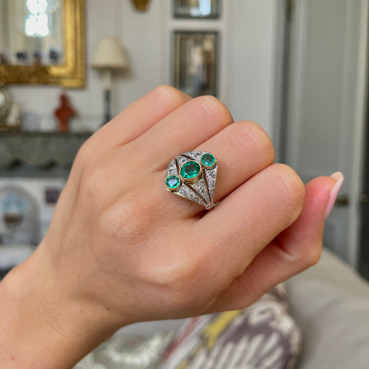 Art Deco, French, platinum, emerald and diamond ring