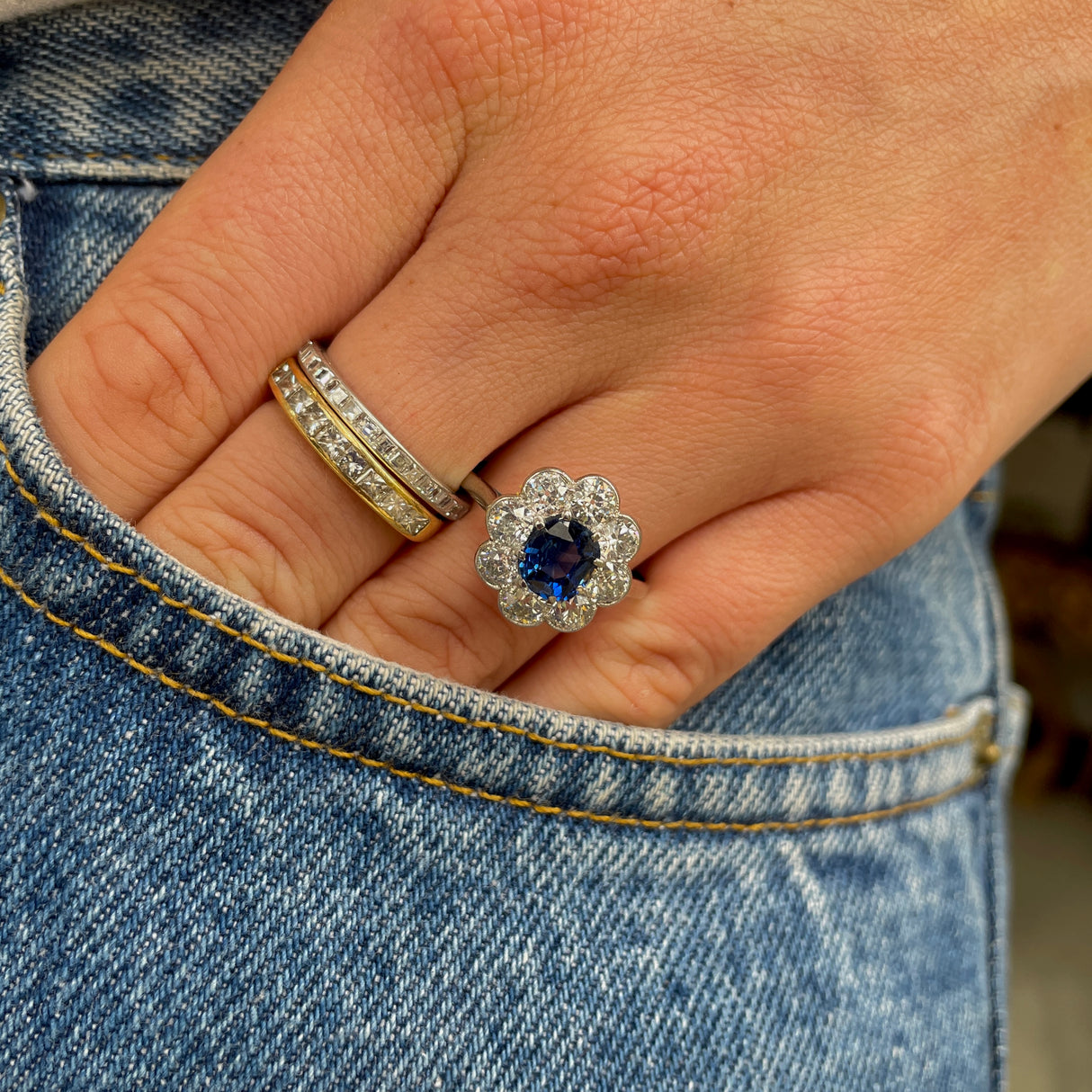 1920s Art Deco sapphire & diamond cluster engagement ring, platinum