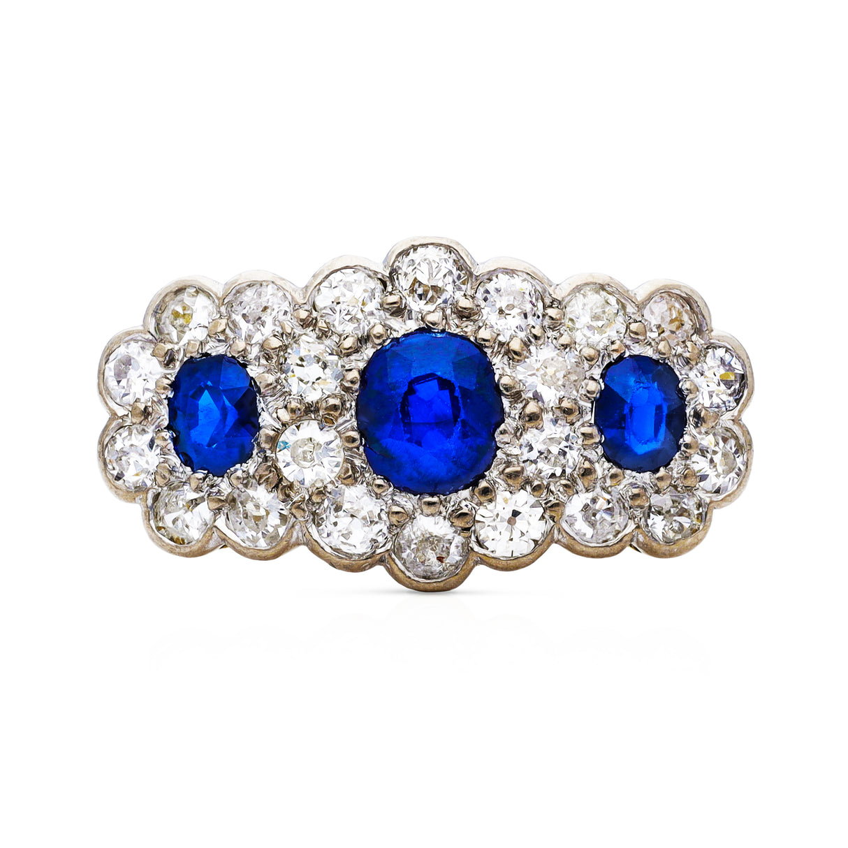 Antique sapphire and diamond triple cluster ring, front view.