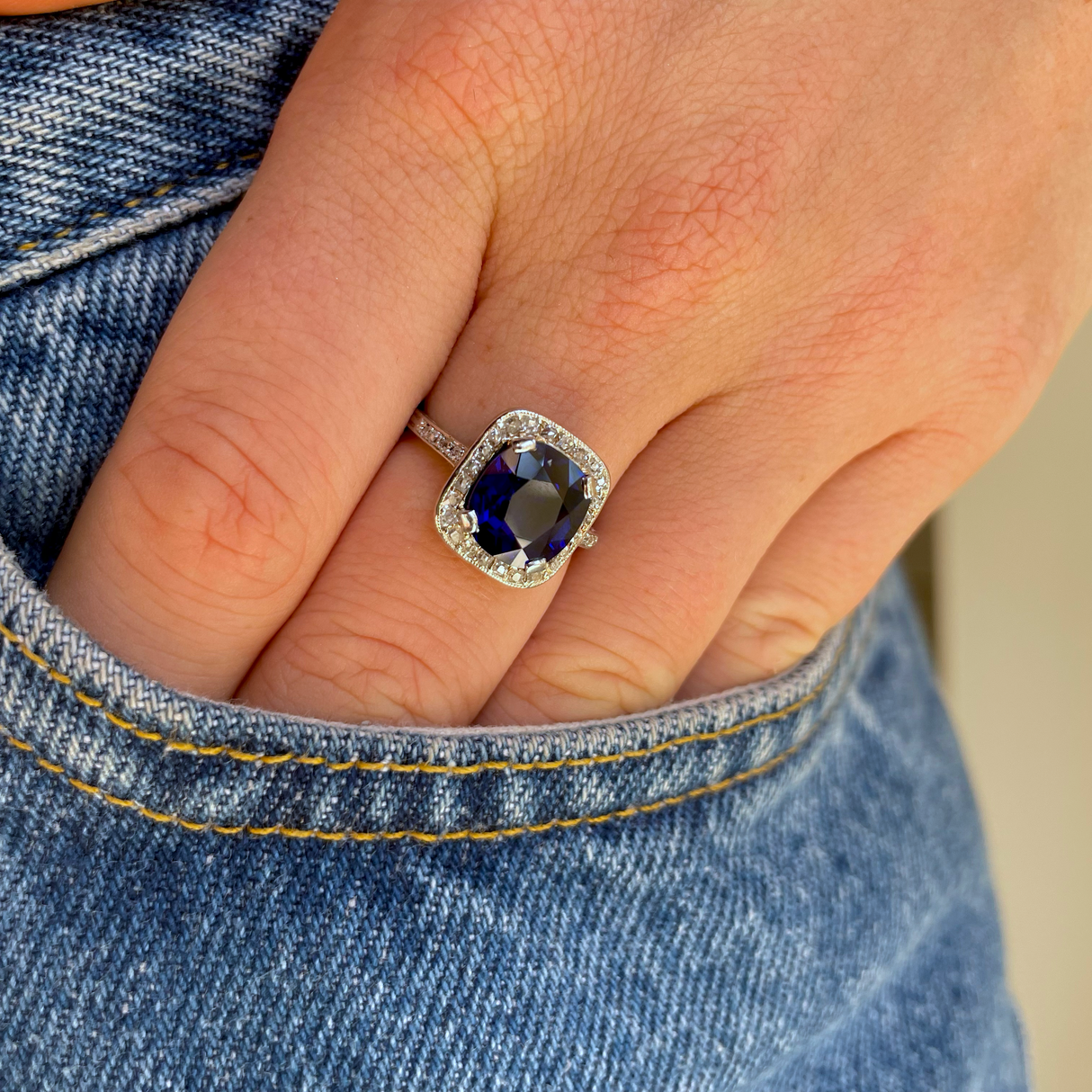 Engagement | Art Deco, royal blue sapphire and diamond ring