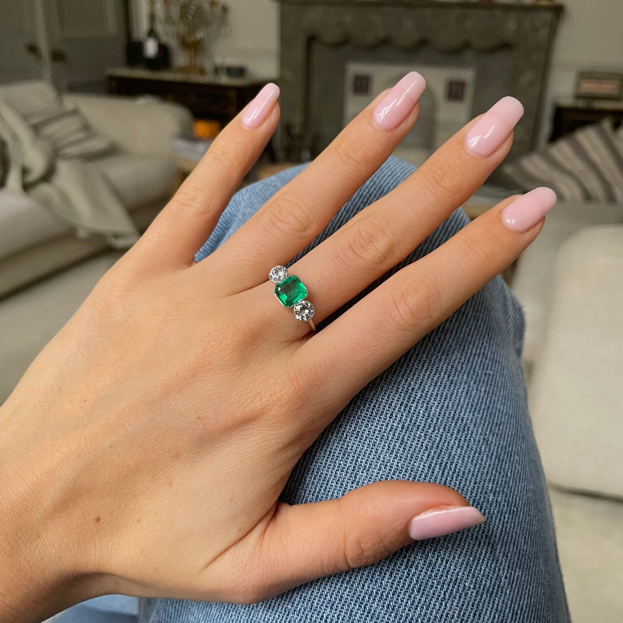Art Deco | brazilian emerald & diamond three-stone ring