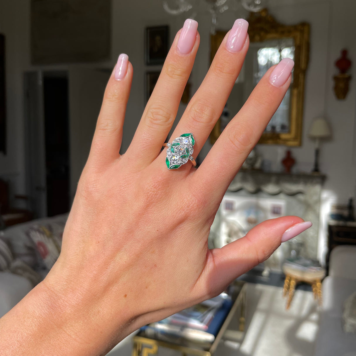 Art Nouveau, emerald and diamond ring