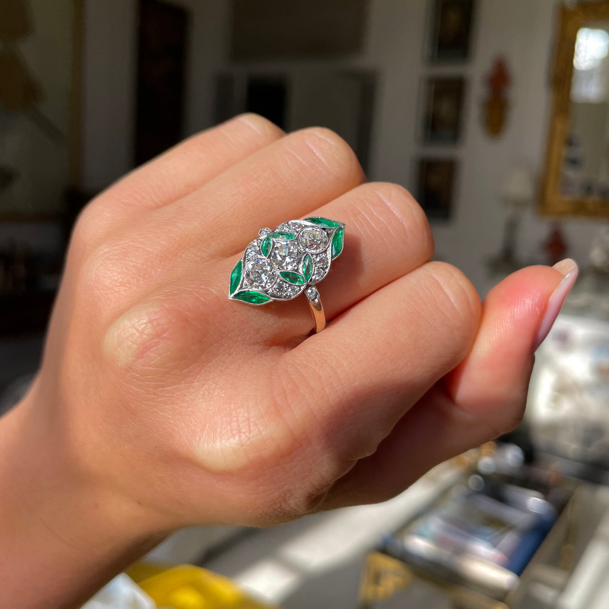 Art Nouveau, emerald and diamond ring