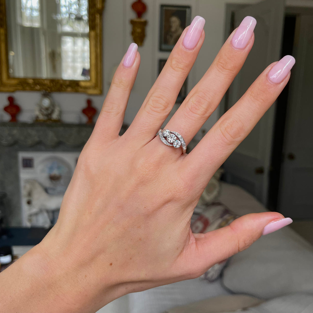 Antique, Edwardian, diamond three stone engagement ring, platinum