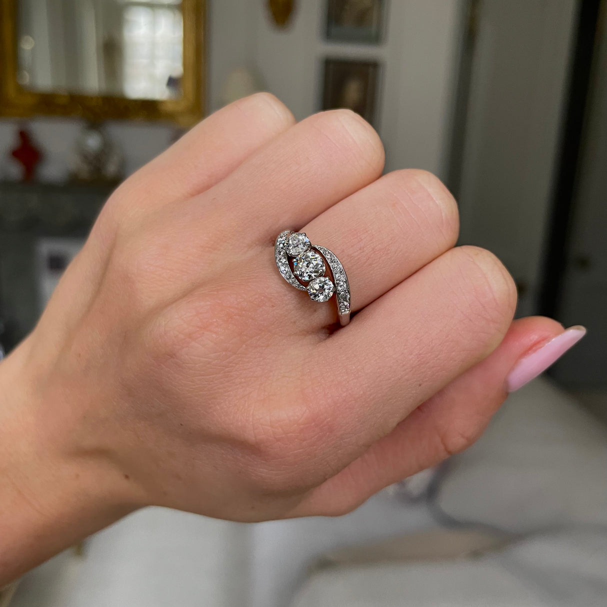 Antique, Edwardian, diamond three stone engagement ring, platinum