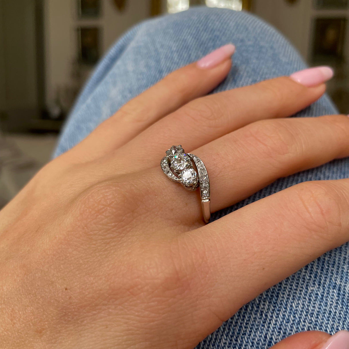 Antique, Edwardian, diamond three stone engagement ring, platinum