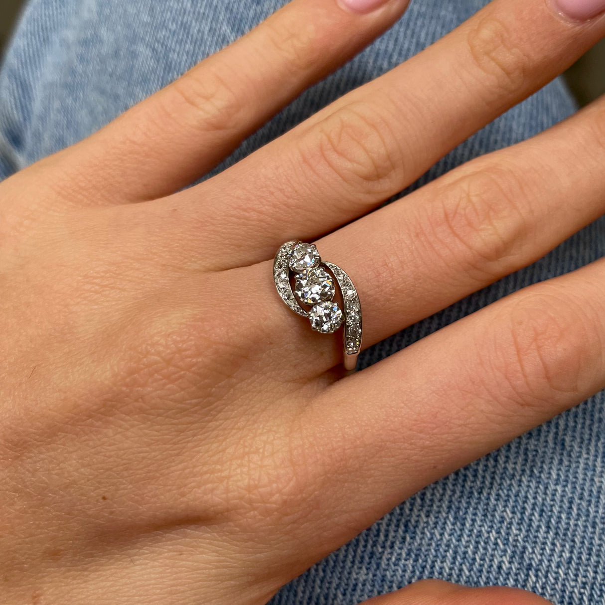 Antique, Edwardian, diamond three stone engagement ring, platinum