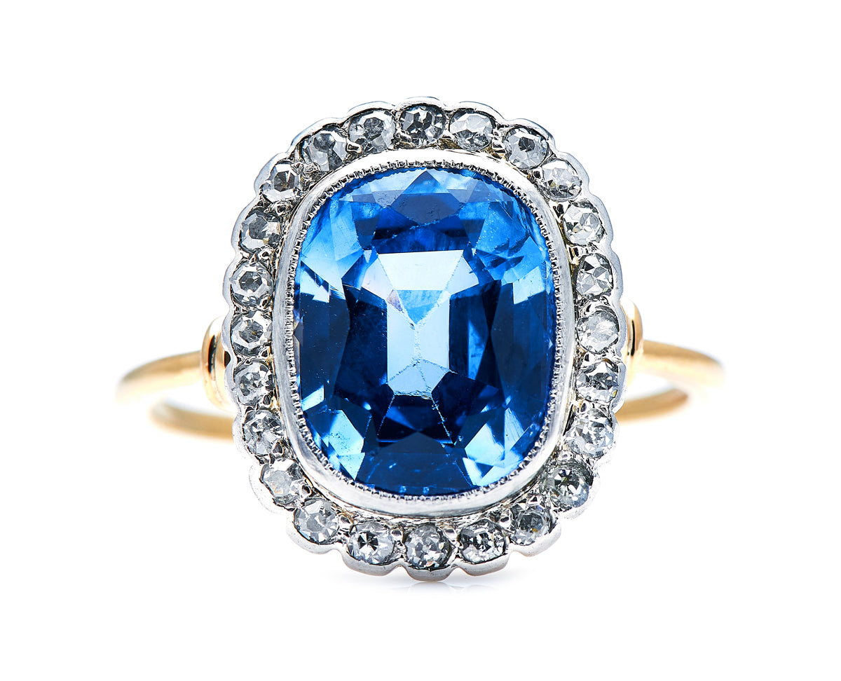 Art Deco, 18ct gold, sri lanka sapphire and diamond cluster ring