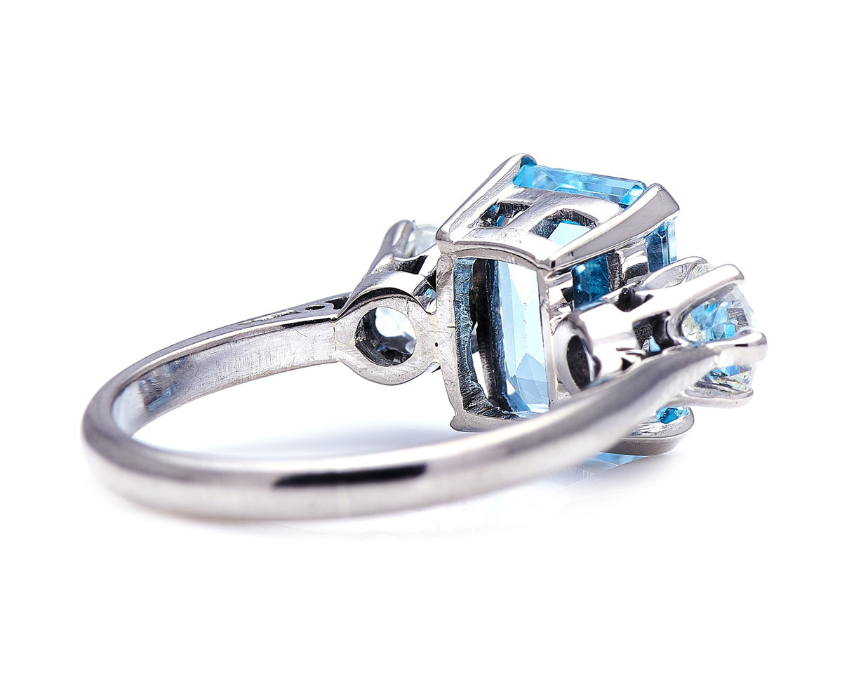 Art Deco, 18ct white gold, aquamarine and diamond three-stone ring