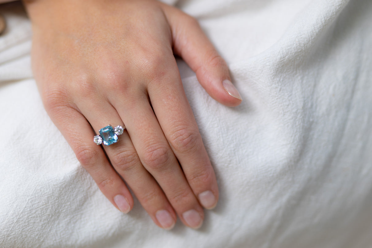 Art Deco, 18ct white gold, aquamarine and diamond three-stone ring