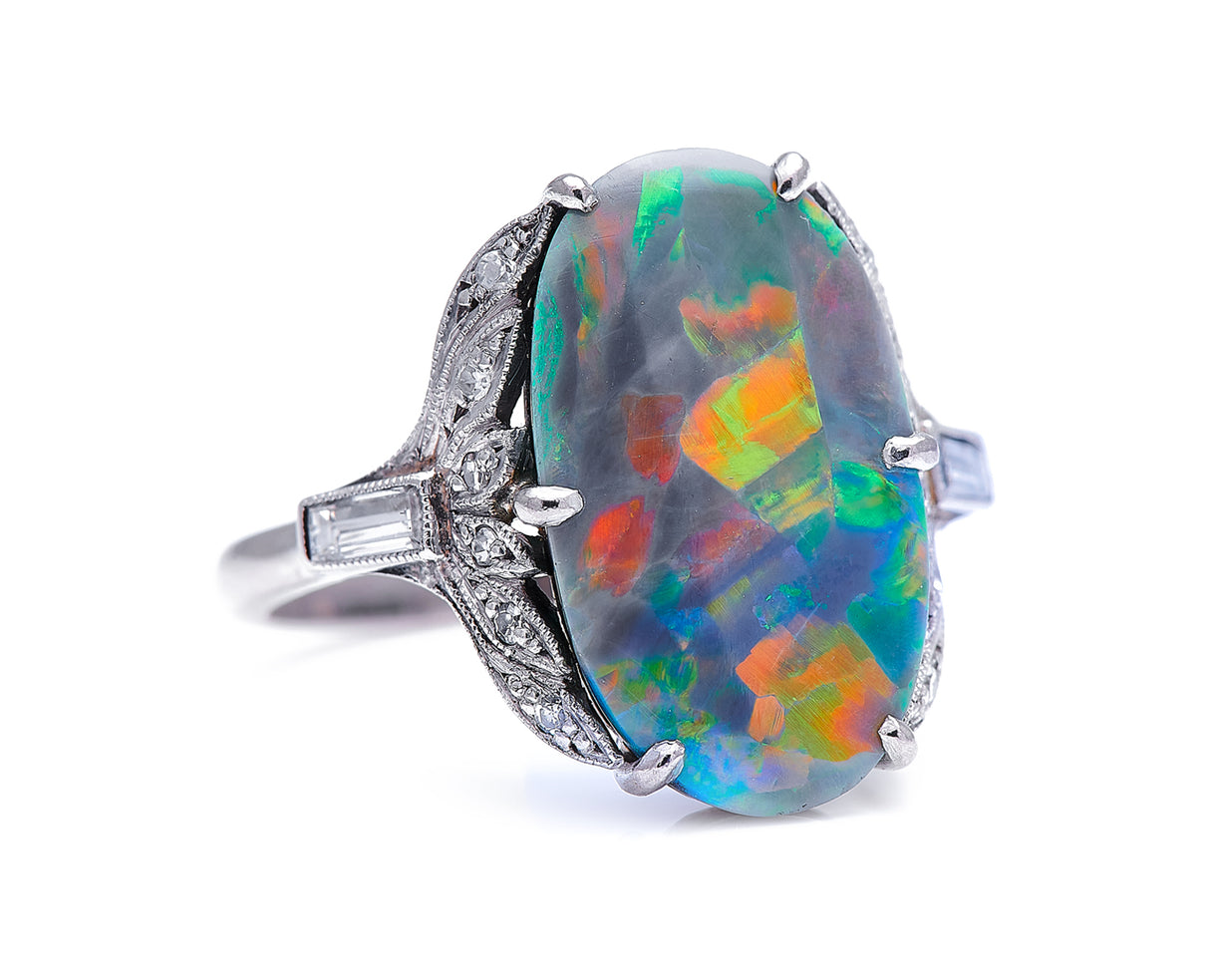 Art Deco, 18ct white gold, black opal and diamond ring