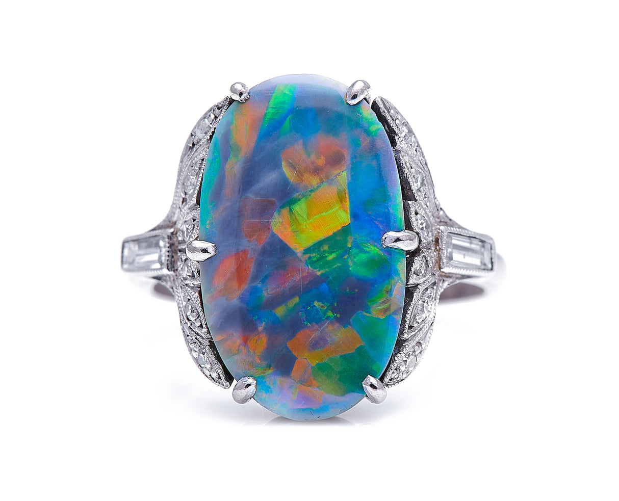 Art Deco, 18ct white gold, black opal and diamond ring