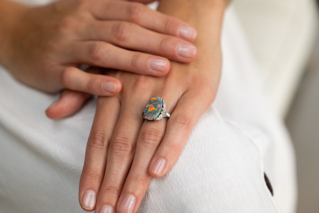 Art Deco, 18ct white gold, black opal and diamond ring