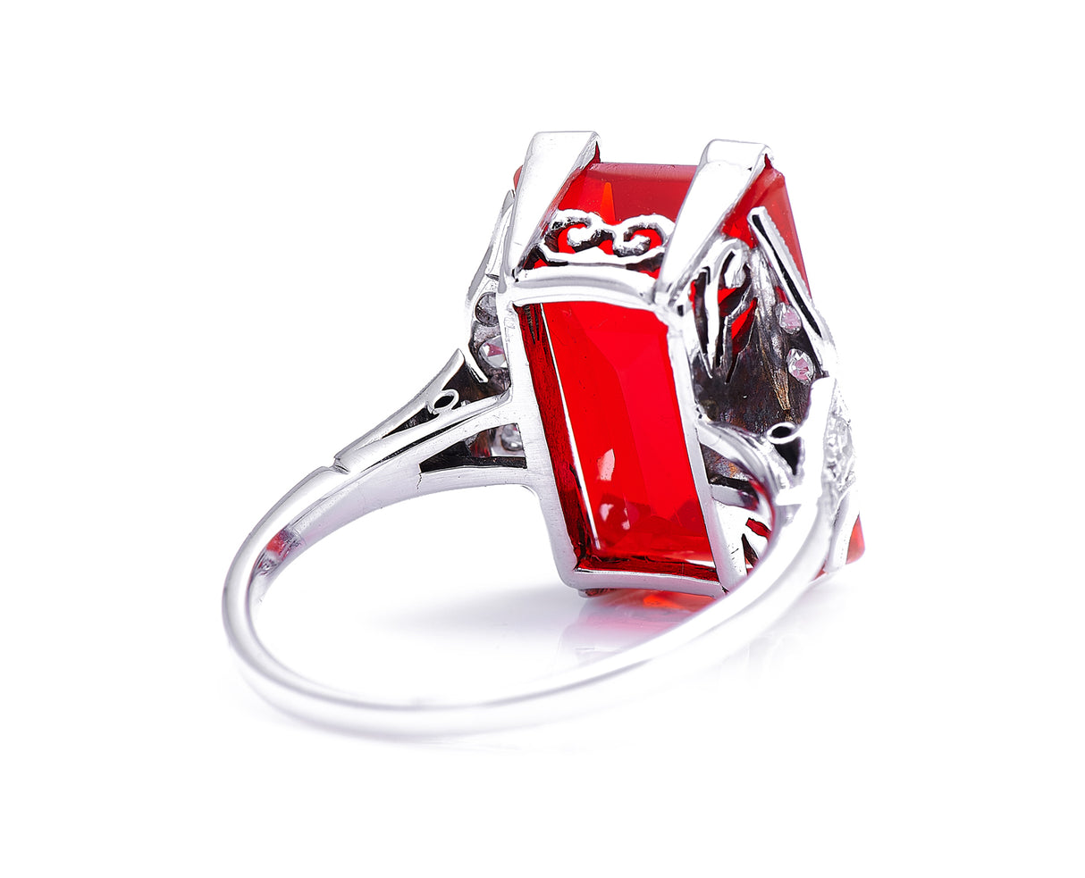 Art Deco, 18ct white gold, fire opal and diamond ring