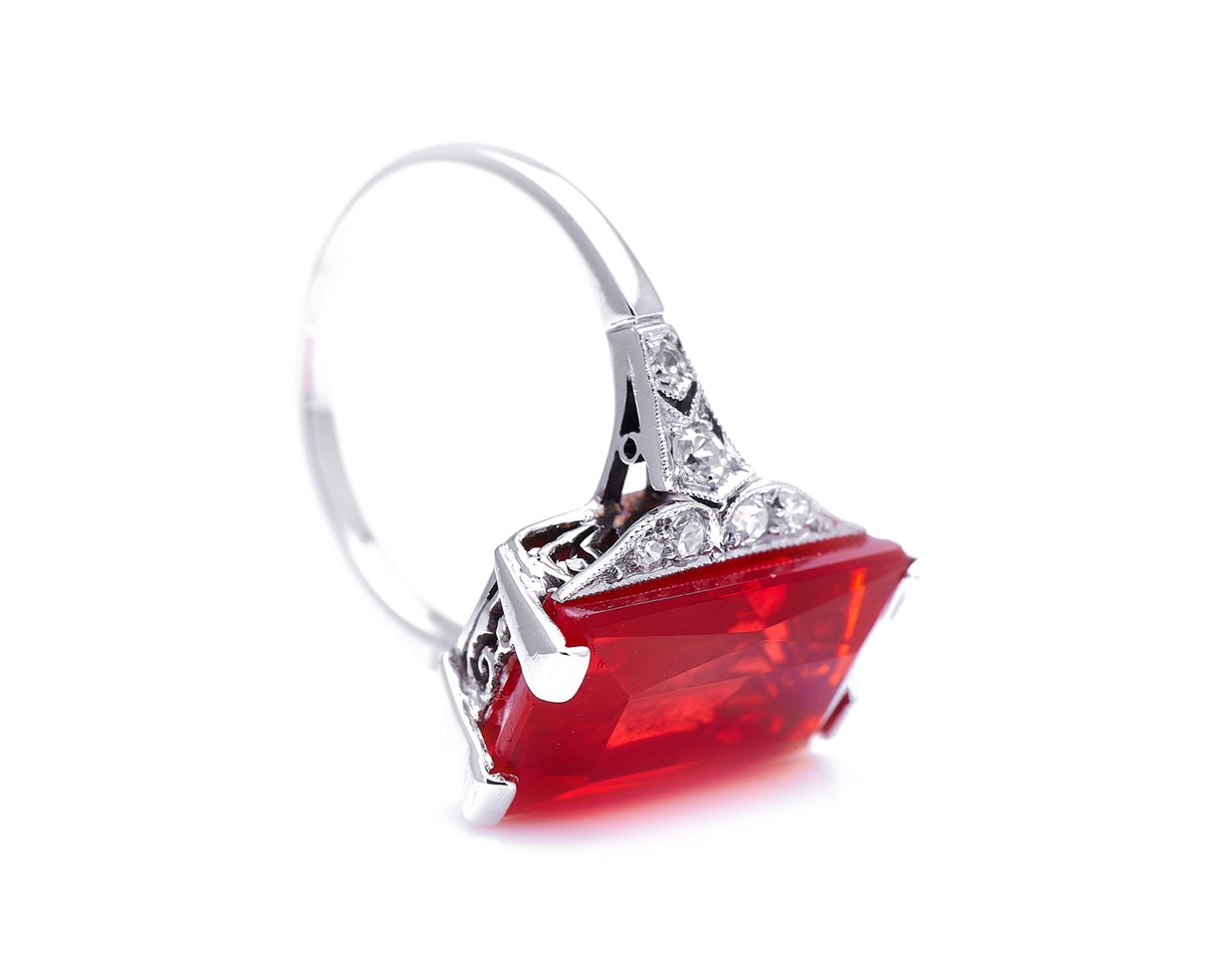 Art Deco, 18ct white gold, fire opal and diamond ring