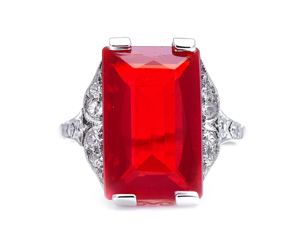 Art Deco, 18ct white gold, fire opal and diamond ring