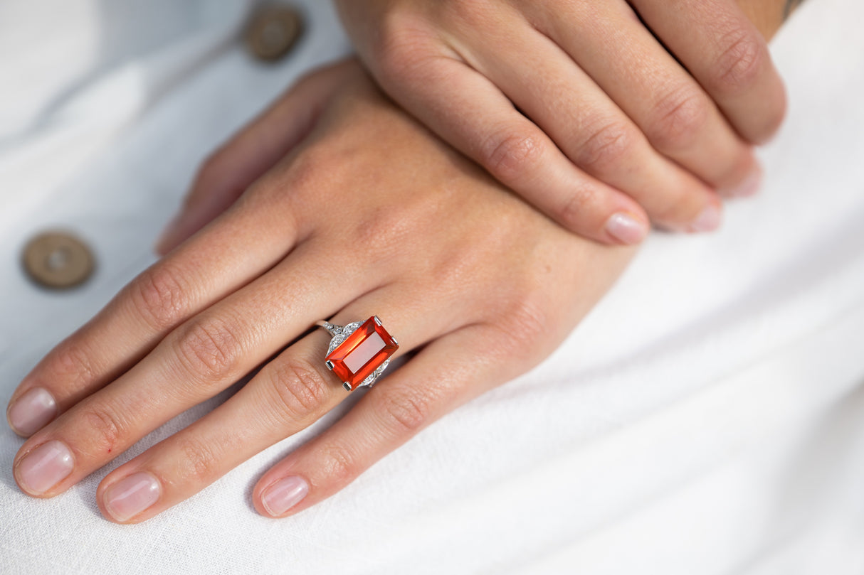 Art Deco, 18ct white gold, fire opal and diamond ring