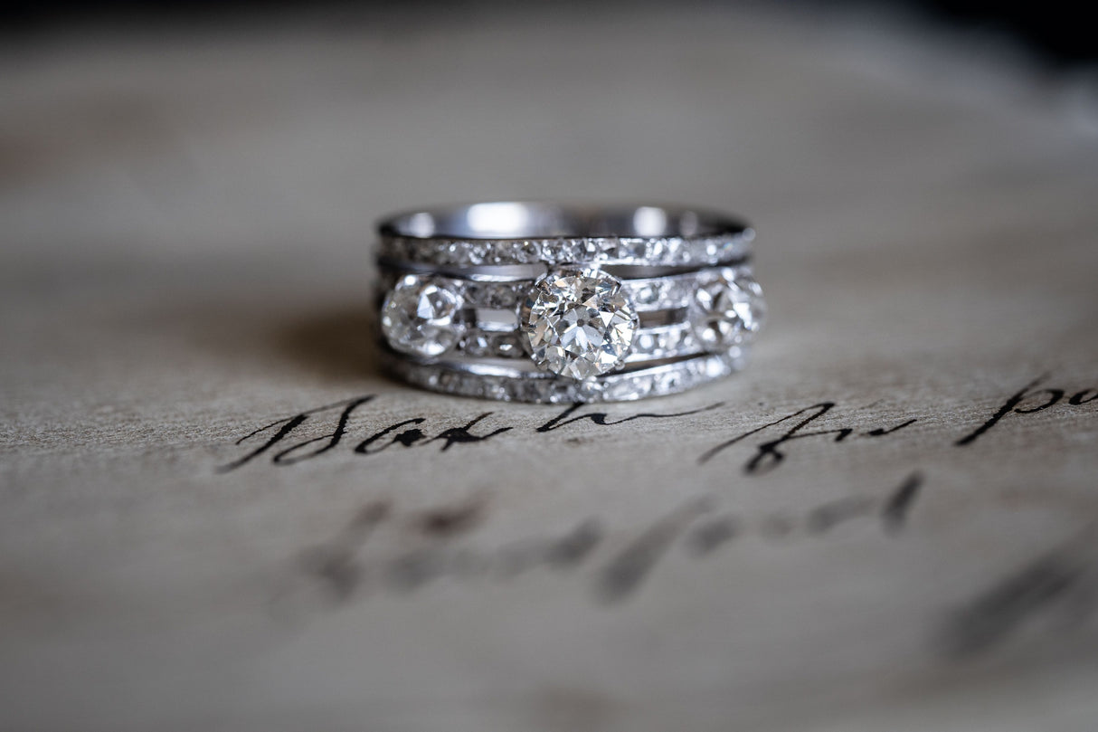 Art Deco, 18ct White Gold, Three-Stone Diamond Ring | Antique Rings | Antique Ring Boutique | Vintage Engagement Rings | Antique Engagement Rings | Antique Jewellery Company | Vintage Jewellery