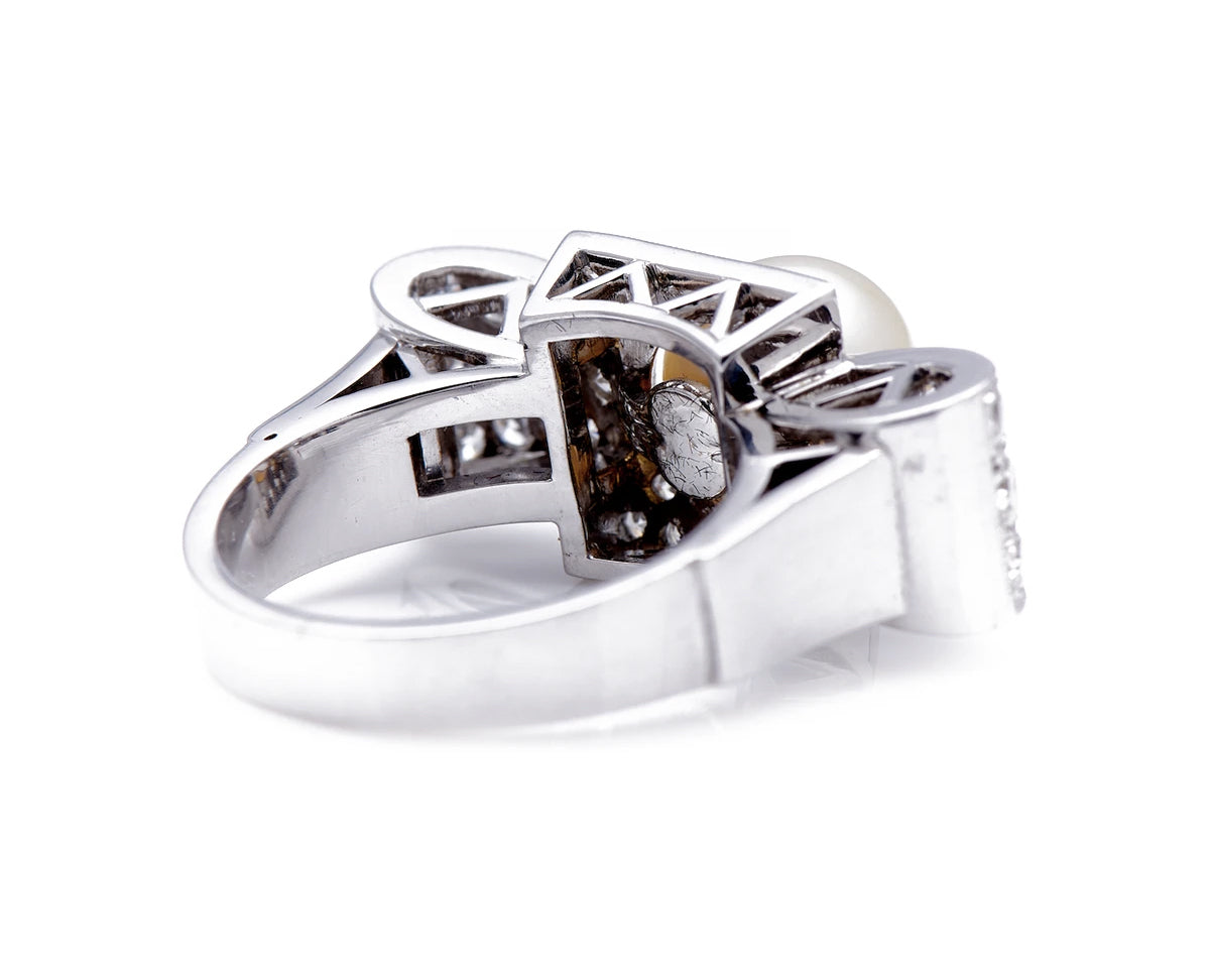 Art Deco, 1930s, 18ct white gold, large pearl and diamond cocktail ring