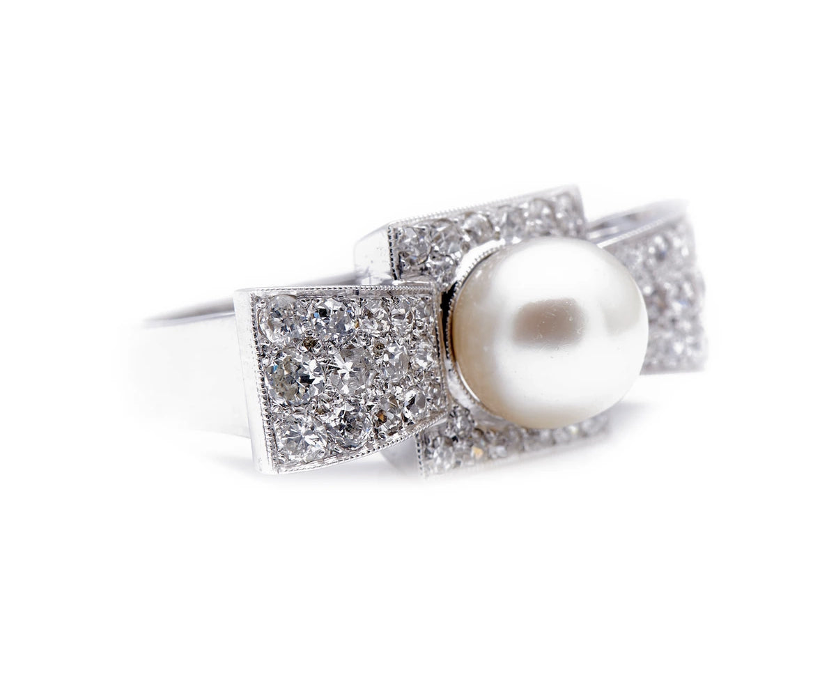 Art Deco, 1930s, 18ct white gold, large pearl and diamond cocktail ring